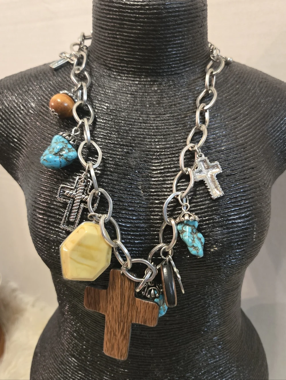 Vintage Turquoise, Wood & Yellow Charm Cross Necklace - Women Jewelry - Picture 2 of 5